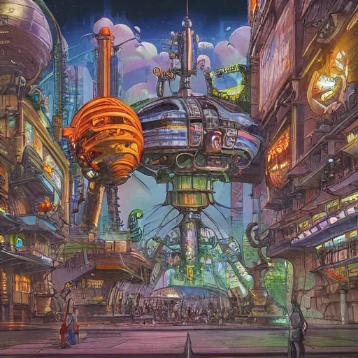 Prompt: magic the gathering art, ver.ka mecha machinarium, complex elaborate EPCOT Center cityscape by Dan Mumford and by Dan Witz