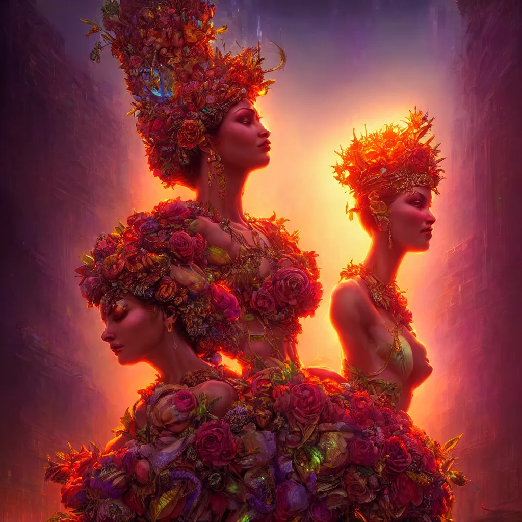 Image similar to Beautiful 3d render of the flower queen goddess in a sensual pose, atmospheric lighting, painted, intricate, volumetric lighting, beautiful, rich deep colours masterpiece, sharp focus, ultra detailed, in the style of Dan Mumford and marc simonetti, with a crowded futuristic cyberpunk city in the background, astrophotgraphy