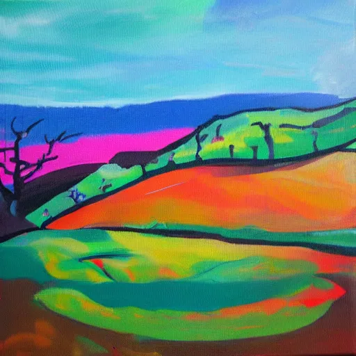 Image similar to landscape acrylic painting on canvas in the style of ben cornish, bold colours