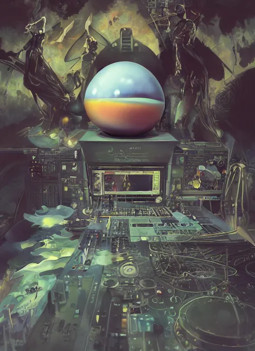 Image similar to surreal gouache painting, by yoshitaka amano, by ruan jia, by Conrad roset, by good smile company, detailed anime 3d render of transparent resin egg with a magical dragonfly inside. Surrounded by a big DJ Mixer, deck, portrait, cgsociety, artstation, rococo mechanical and Digital and electronic, dieselpunk atmosphere