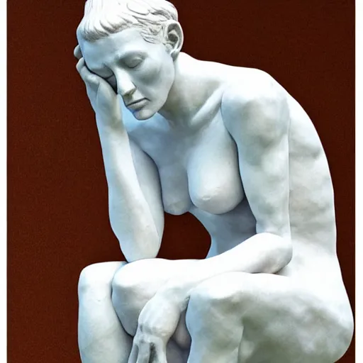 Image similar to sculpture of cate blanchett ,the thinker, by Augusts Rodin photorealism