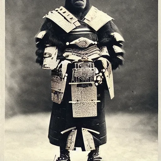 Image similar to “gorilla in full samurai armour, 1900’s photo”