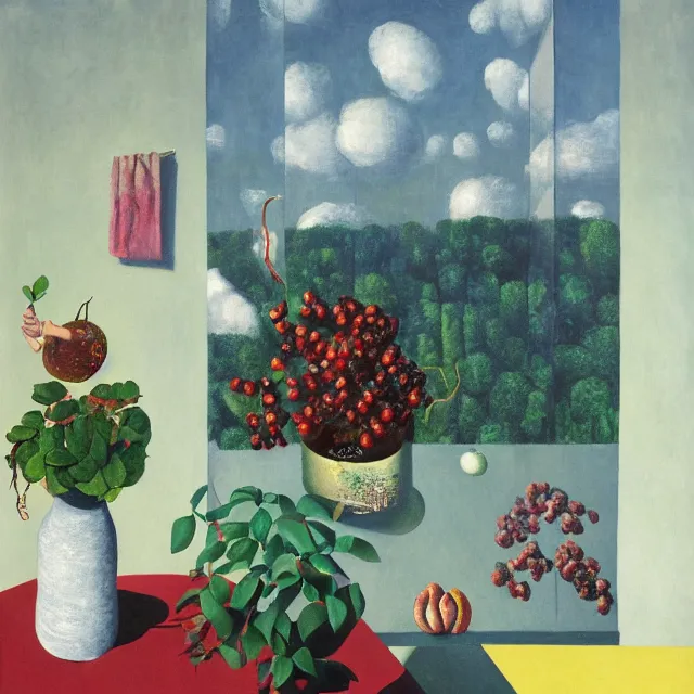 Prompt: a female art student in her apartment, plants in glass vase, clouds, pig, butress tree roots, pomegranate, berries dripping, acrylic on canvas, surrealist, by magritte and monet