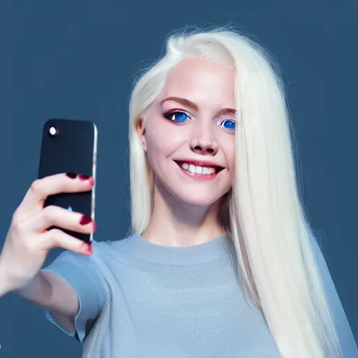 Prompt: beautiful hyperrealism selfie of a cute 3 d young woman smiling smugly, long light platinum blonde hair, flushed face, small heart - shaped face, cute freckles, light blue eyes, golden hour, 8 k, instagram