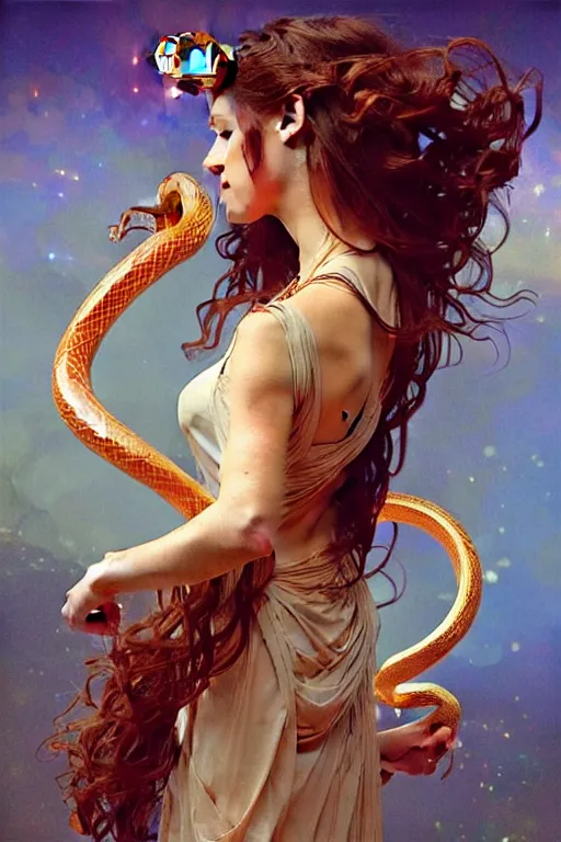 Image similar to angels that look like hippies dancing with snakes, fantasy, amber eyes, face, long hair, intricate, elegant, highly detailed, digital painting, artstation, concept art, smooth, sharp focus, illustration, art by artgerm and greg rutkowski and alphonse mucha
