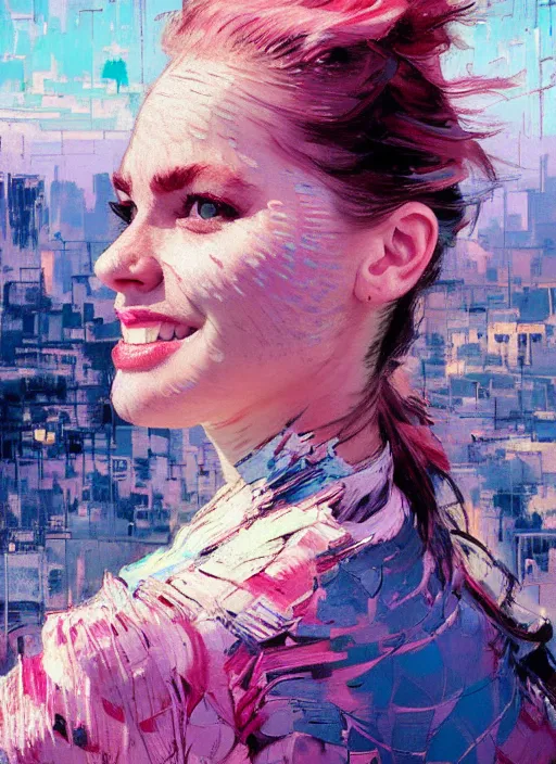 Prompt: portrait of a beautiful girl, city backdrop, smiling, ecstatic, eyes closed, open mouth, shades of pink and blue, beautiful face, rule of thirds, intricate outfit, spotlight, by greg rutkowski, by jeremy mann, by francoise nielly, by van gogh, digital painting