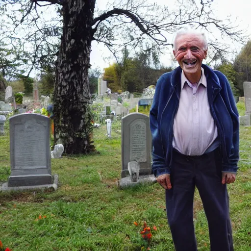 Prompt: a smiling old man in a graveyard