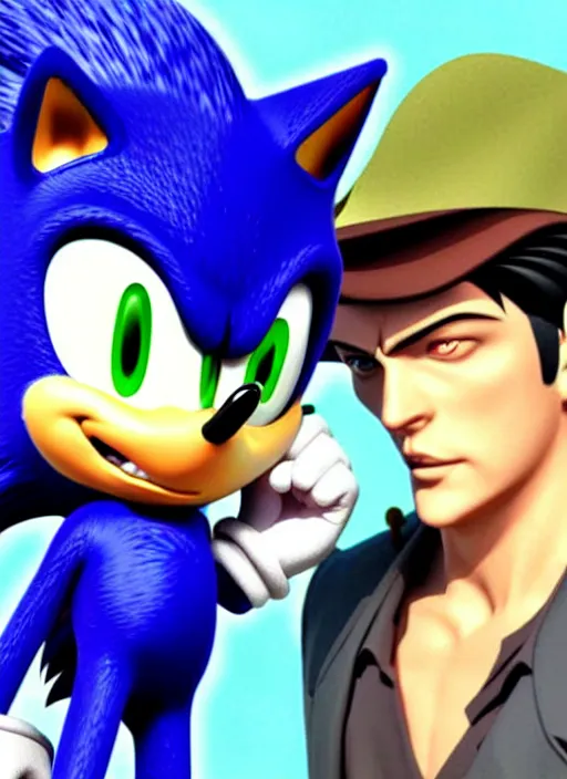 Image similar to sonic the hedgehog and jotaro kujo from jojo's bizarre adventure hanging out, photorealistic