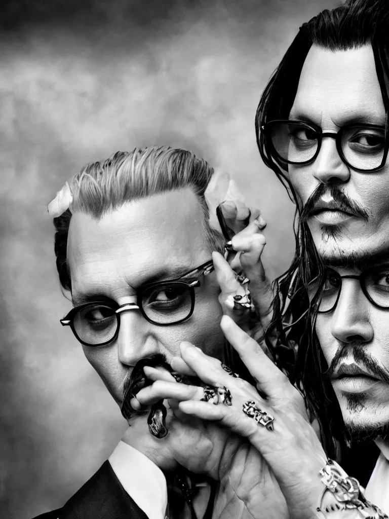 Prompt: portrait of johnny depp in black and white with dior logo, mysterious, inhumane, sauvage detailed, hd, hq, high resolution, high detail, 4 k, 8 k