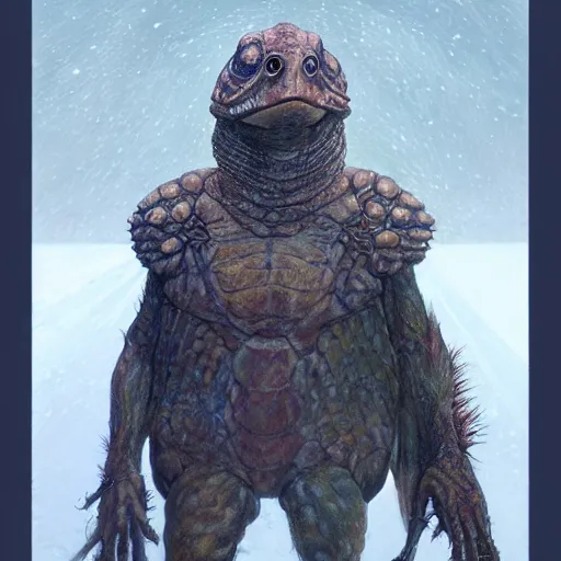 Image similar to anthropomorphic turtle humanoid, carapace, wayne barlowe, blizzard, winter, night, furs, fantasy