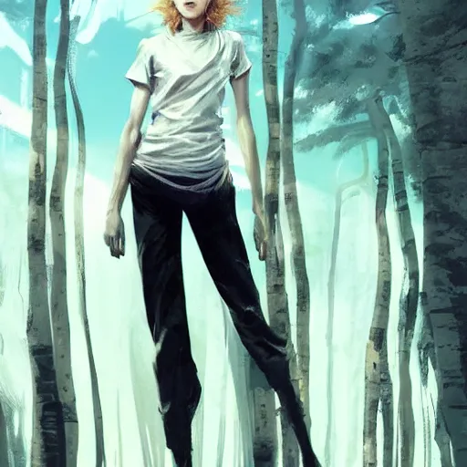 Image similar to a tall figure standing in the aspen forest, !dream portrait of a feminine boy with curly shoulder length dirty blond hair, wearing a white t shirt and black work apron, dramatic lighting, illustration by Greg rutkowski, yoji shinkawa, 4k, digital art, concept art, trending on artstation