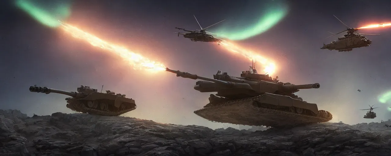 Image similar to main battle tank with double barrel shooting electric and helicopter at war, in the ancient abandoned city epic scene, volumetric lighting futuristic, intricate, highly detailed, digital painting, artstation, concept art, cinematic, smooth, sharp focus, illustration, aurora borealis, unreal engine 5, 8 k, art by artgerm and greg rutkowski and alphonse mucha