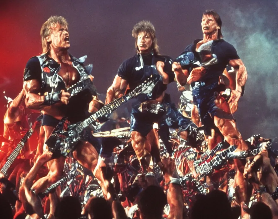 Prompt: colour photo off arnold schwarzenegger, sylvester stallone, dolph lundgren, Chuck Norris and Jean-Claude Van Damme in a heavy metal band, playing guitars, drums, on stage at monsters of rock 1985, pyrotechnics, vivid colors, daylight, photo real, Eastman EXR 50D 5245/7245, close-up action first-person perspective