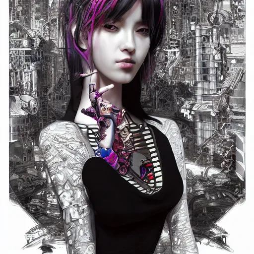 Image similar to the portrait of an absurdly beautiful, graceful, elegant, sophisticated, fashionable cyberpunk gravure idol, an ultrafine hyperdetailed illustration by kim jung gi, irakli nadar, intricate linework, bright colors, porcelain skin, unreal engine 5 highly rendered, global illumination, radiant light, detailed and intricate environment