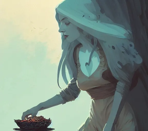 Image similar to the witch, book cover, high fantasy, art nouveau, hearthstone, by atey ghailan, by greg rutkowski, by greg tocchini, by james gilleard, by joe fenton, by kaethe butcher, dynamic lighting, gradient light blue, brown, blonde cream and white color scheme, grunge aesthetic