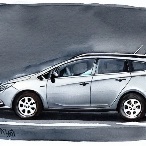 Prompt: Dark Grey 2012 Opel Astra Sports Tourer, watercolor ink