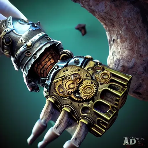 Prompt: A steampunk wristband that shoots out a grapple, epic fantasy art style HD