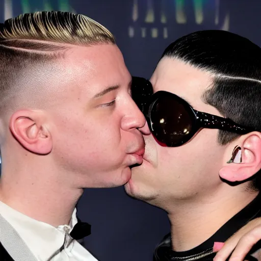Image similar to skrillex and macklemore kissing with their hair entangled