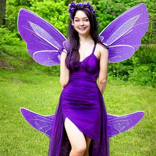 Image similar to very very very beautiful tiny fairy woman in her 20s with fairy wings wearing skintight purple dress, making eye contact, smiling, flirty, perfect body, perfect face, hyperrealistic