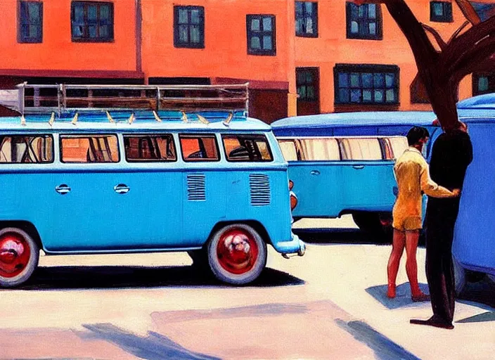 Image similar to detailed painting of two young men and women in front of blue colored vw bus by edward hopper, bernardo bertolucci dreamers movie scene