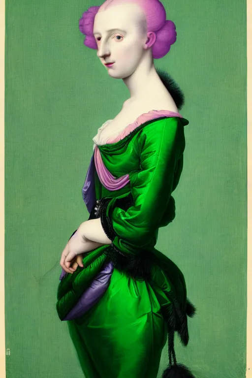 Prompt: portrait of a young pale woman with lilac hair, wearing a neon green dress by Vivienne Westwood, intricate details, cyberpunk, super-flat, in the style of James Jean, Jean Auguste Dominique Ingres, black background