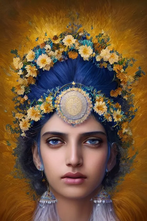 Image similar to a pale Indian girl with white hair, floral crown, sad blue eyes, cinematic lighting, ultra detailed, highly detailed, sharp focus, golden background with flowers, golden jewellery with blue sapphires, photographic, art by artgerm and greg rutkowski and zdislav beksinski