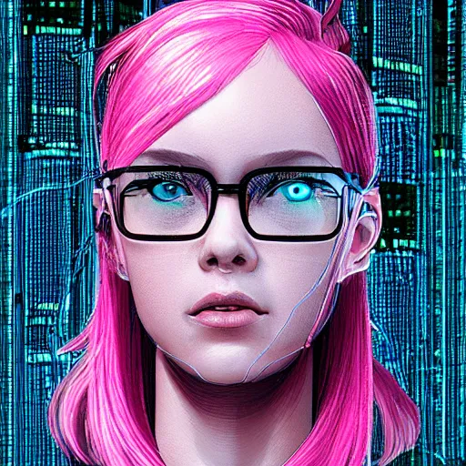 Prompt: a portrait of a woman with pink hair with lots of wires, cyberpunk art by otomo katsuhiro, cgsociety, computer art, circuitry, dystopian art, academic art insanely quality, highly detailed, masterpiece, red light, artstation, 4 k