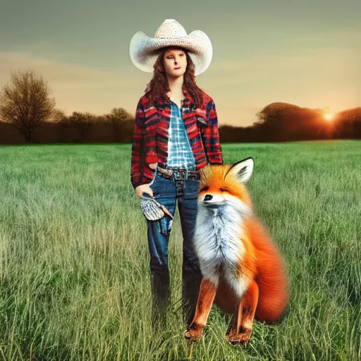 Image similar to a female fluffy anthropomorphic fox animal, head of fox, wearing cowboy hat, wearing plaid shirt, playing guitar, in a field, barn in background, album cover style