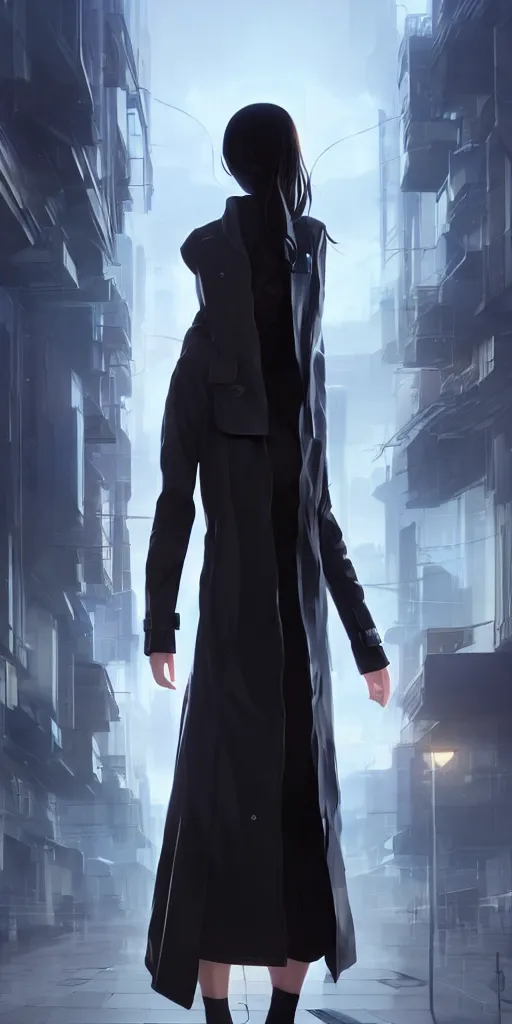 Image similar to realistic render of a cyborg - girl wearing a long trench coat by ross draws, futuristic dystopian city by ilya kuvshinov, digital anime art by ross tran, composition by sana takeda, lighting by greg rutkowski