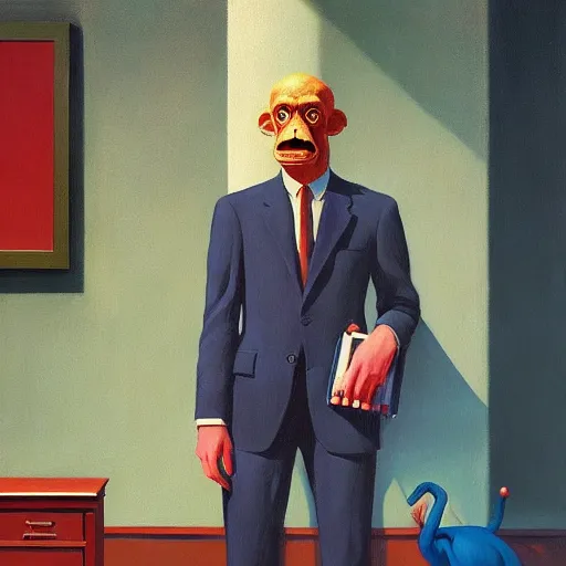 Image similar to Portrait of mr. Monkey wearing a business suit , very coherent, painted by Edward Hopper, Wayne Barlowe, painted by James Gilleard, airbrush, art by JamesJean