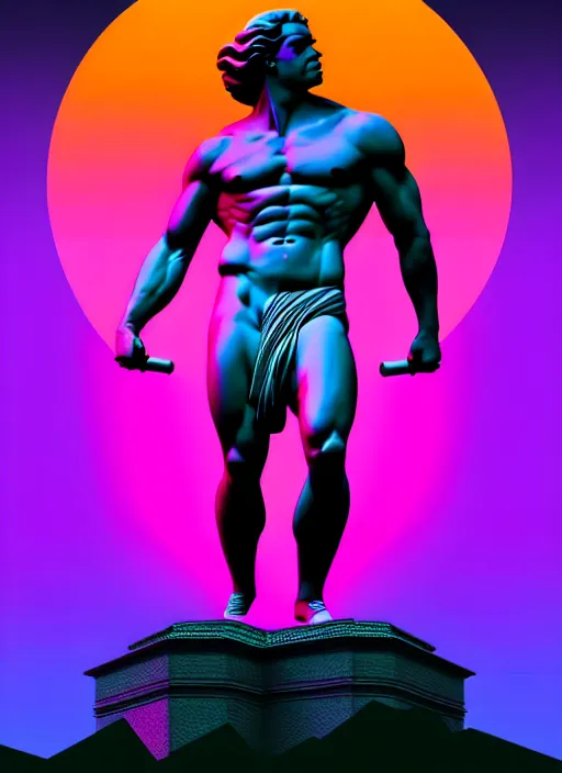 Image similar to statue of hercules, beeple, android jones, ( ( ( ( ( dan mumford ) ) ) ) ), vaporwave, retrowave, black background, neon wiring, black, glitch, strong contrast, cuts, pinterest, trending on artstation