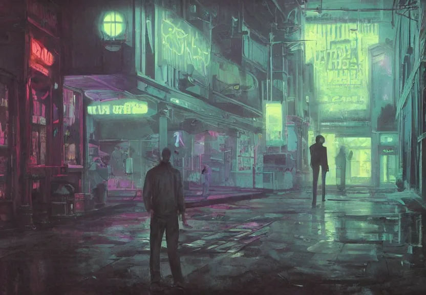 Prompt: painting of the figure of a man in a haunting scenery during the 1 9 8 0's, city, video club, arcade store, high contrast, concept art, fully colored, purple filter, neon, dramatic lighting, digital art, 8 k, extremely detailed, drawn by ruan jia