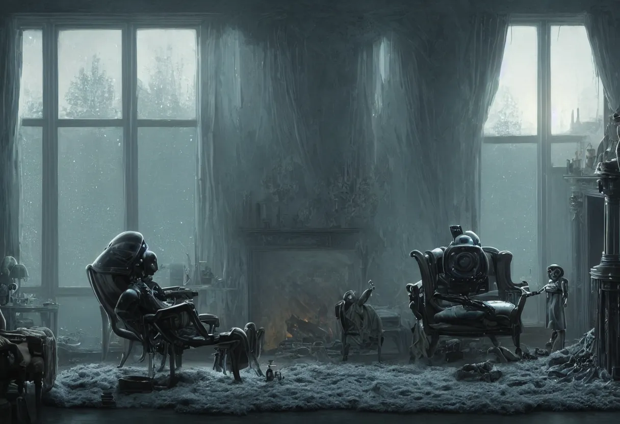 Prompt: An award-winning highly detailed 8k anamorphic closeup cinematic movie photograph of a sad futuristic servant robot seated on a fainting couch holding a baby in front of a roaring fireplace in a post-apocalyptic Victorian home, blue early morning light from the window, with cinematic lighting and lens flare, tall ceiling, by Simon Stalenhag and Gregory Crewdson and Alfonso Cuaron