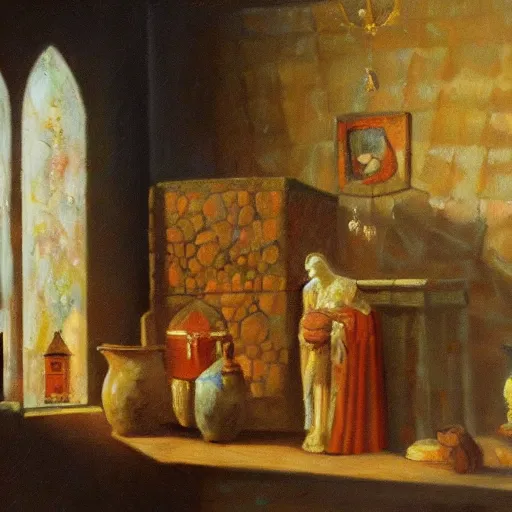 Prompt: the most beautiful treasure within the castle's treasure room. oil on canvas.