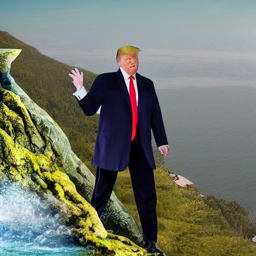 Image similar to hyper realistic photo of donald trump peeing off a cliff