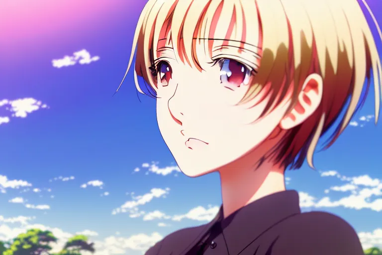 Prompt: anime art, anime key visual of elegant young female, close up at face, short blonde hair and large eyes, finely detailed perfect face, standing in the grass at sunset, golden hour sunset lighting, background blur bokeh!!, trending on pixiv fanbox, studio ghibli, extremely high quality artwork, 4 k - t