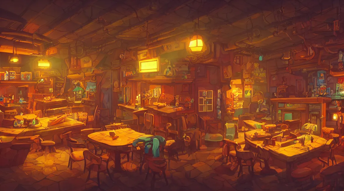 Image similar to A multidimensional cozy tavern, retro video game vibe, cinematic lighting, epic composition, cartoon, animation, background art, post processing, 8K resolution