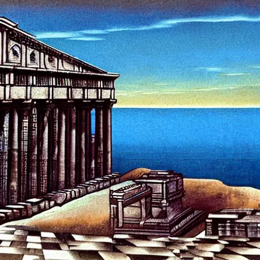 Image similar to A artwork of Acropolis at the end of the world by de Chirico.