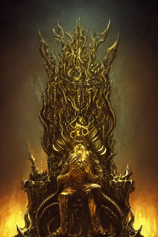 Image similar to lovecraftian gilded king on a throne in the underworld, underworld, hell, monster, devil, demon, digital art, in the style of greg rutkowski, trending on artstation