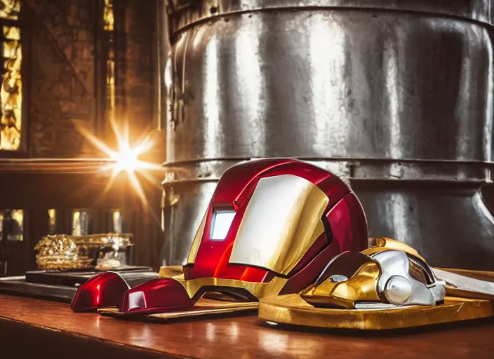 Prompt: a reflective steel engineering mask of ironman on table, medieval themed castle in golden afternoon light, professional food photography