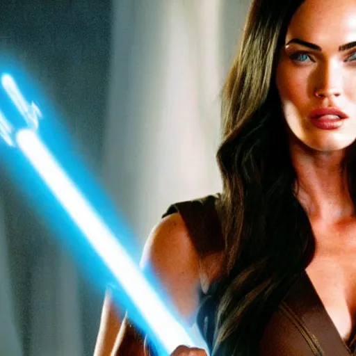 Prompt: Still of Megan Fox on the Jedi Council, Star Wars ,Cinematic Lighting, beautiful composition, 8K resolution