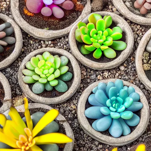 Prompt: colorful glass lithops potted in gravel, translucent, opalescent, clear, reflective, bright, octane render