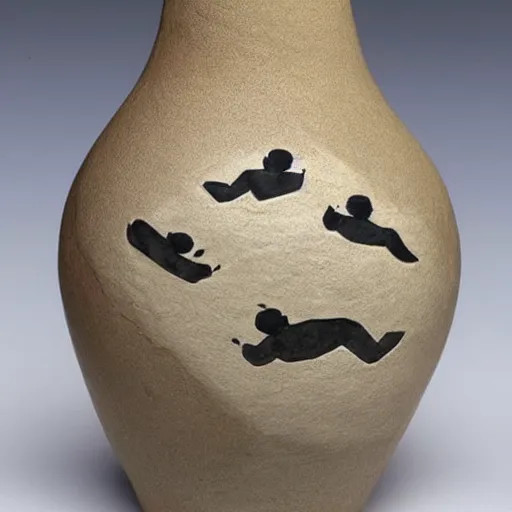 Image similar to an ancient alien ceramic vase with minimalist drawings and designs of women dancing with bats flying around their heads. old salem witch pottery.