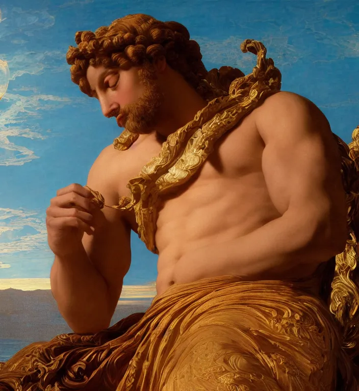 Image similar to a beautifully high detail, intricate, clear detailed portrait of a close up deptic of zeus with an ornate golden teal curtain at beautiful sunset daytime nature sunlit painting by frederic leighton and rosetti, 8 k, octane render