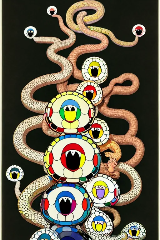 Image similar to a creepy family, snakes, by takashi murakami and bekzinski