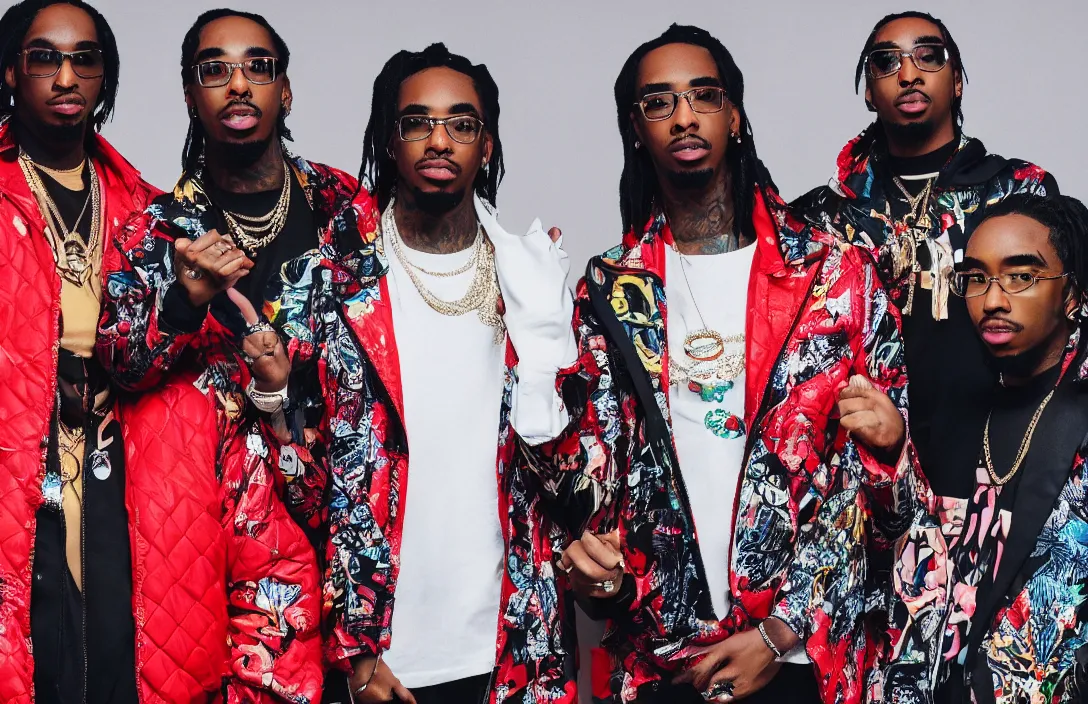 Prompt: photo of the rap trio migos members quavo, offset and takeoff, product shot, macro, hyper realistic, 4 k, 8 k