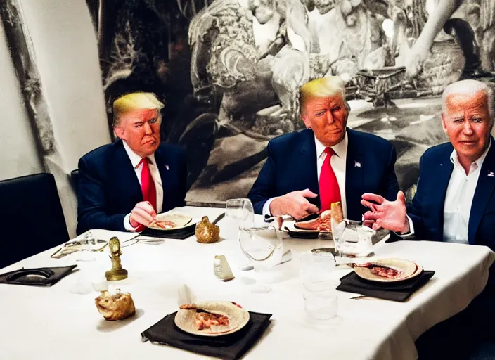 Image similar to Trump and Biden having dinner at a fancy Balinese restaurant, award winning cinematic photography, 50 mm, blurred background, trending on twitter