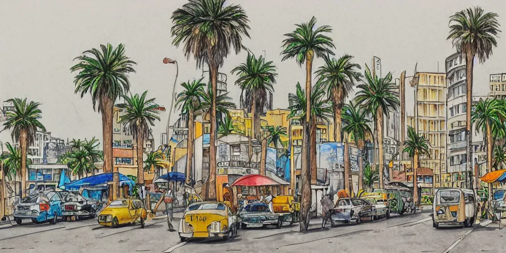 Image similar to street artists. painting of rounded bauhaus buildings in a junction in dizingof center in tel aviv. highly detailed. pen drawing painted with watercolors. colorful. low buildings. palm trees. super realistic. fluffy