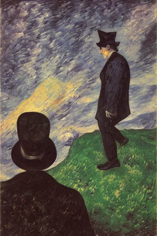 Prompt: man wearing a coat and a hat looking up to watch a comet in the sky of new york by gustave courbet and umberto boccioni, oil painting, surrealism, 8 k,