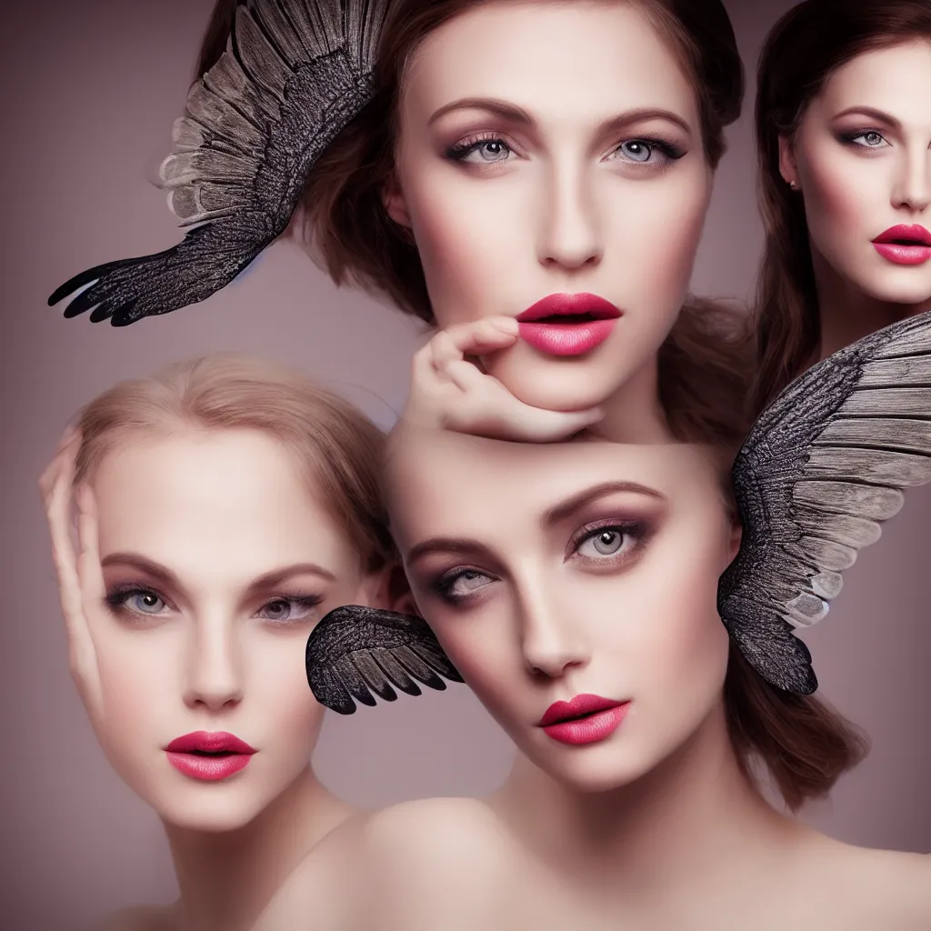 Prompt: a portrait photography of a beautiful woman morphing in the upper side of the face with wings of a butterlfy in style of Flora Borsi , fine art photography, professional soft studio lighting, 85 mm sigma art